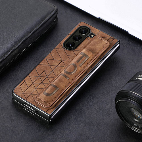 Luxury Leather Matte Finish and Plastic Back Cover Case S04D for Samsung Galaxy Z Fold5 5G Brown