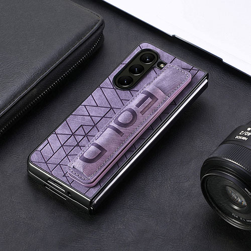 Luxury Leather Matte Finish and Plastic Back Cover Case S04D for Samsung Galaxy Z Fold5 5G Purple