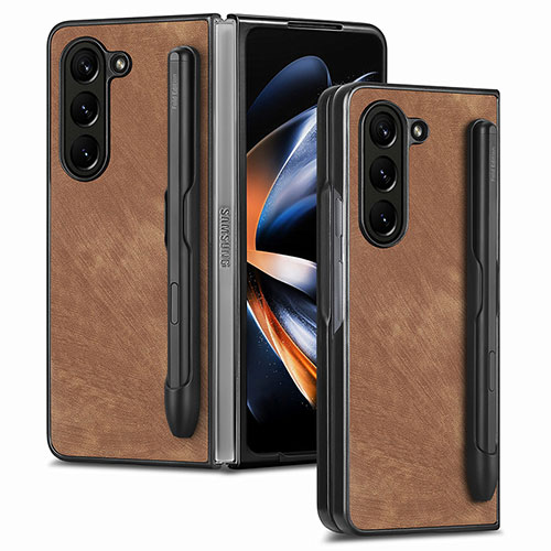 Luxury Leather Matte Finish and Plastic Back Cover Case S05D for Samsung Galaxy Z Fold5 5G Brown