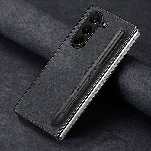 Luxury Leather Matte Finish and Plastic Back Cover Case S06D for Samsung Galaxy Z Fold5 5G Black