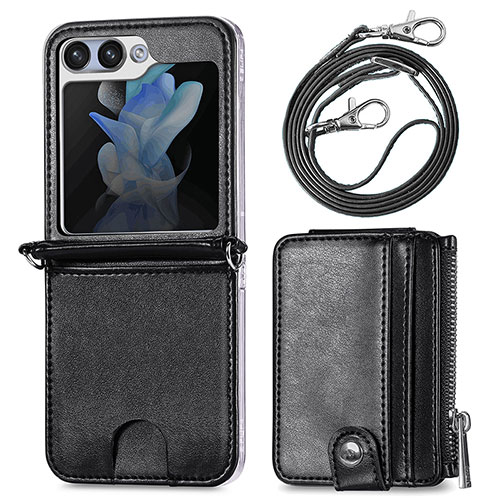 Luxury Leather Matte Finish and Plastic Back Cover Case S07D for Samsung Galaxy Z Flip5 5G Black