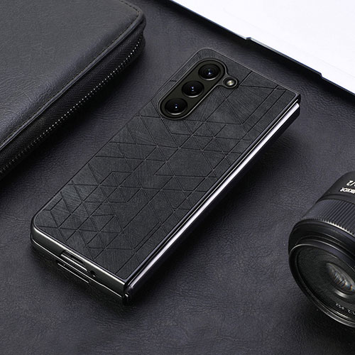 Luxury Leather Matte Finish and Plastic Back Cover Case S08D for Samsung Galaxy Z Fold5 5G Black