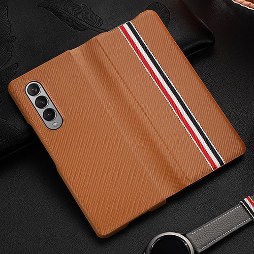 Luxury Leather Matte Finish and Plastic Back Cover Case S09 for Samsung Galaxy Z Fold3 5G Brown