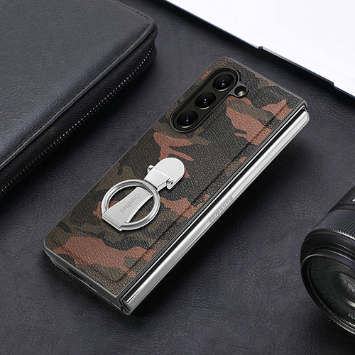 Luxury Leather Matte Finish and Plastic Back Cover Case S10D for Samsung Galaxy Z Fold5 5G Brown