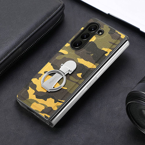 Luxury Leather Matte Finish and Plastic Back Cover Case S10D for Samsung Galaxy Z Fold5 5G Yellow