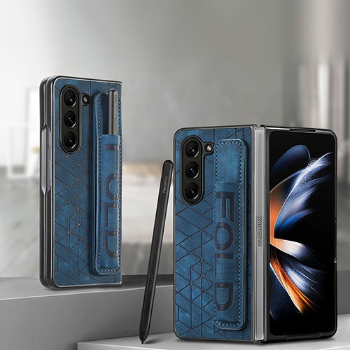 Luxury Leather Matte Finish and Plastic Back Cover Case S12D for Samsung Galaxy Z Fold5 5G Blue