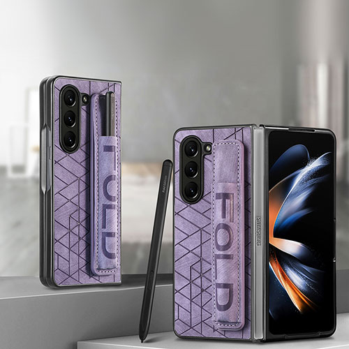 Luxury Leather Matte Finish and Plastic Back Cover Case S12D for Samsung Galaxy Z Fold5 5G Purple