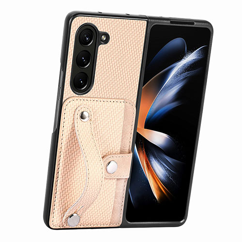 Luxury Leather Matte Finish and Plastic Back Cover Case S13D for Samsung Galaxy Z Fold5 5G Gold