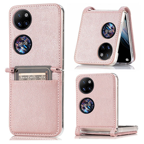 Luxury Leather Matte Finish and Plastic Back Cover Case SD1 for Huawei P60 Pocket Rose Gold