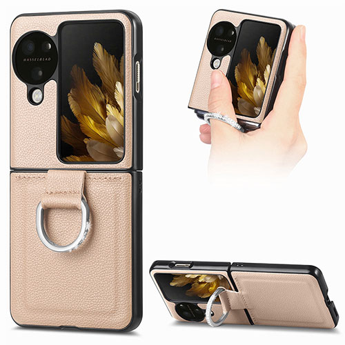 Luxury Leather Matte Finish and Plastic Back Cover Case SD1 for Oppo Find N3 Flip 5G Gold