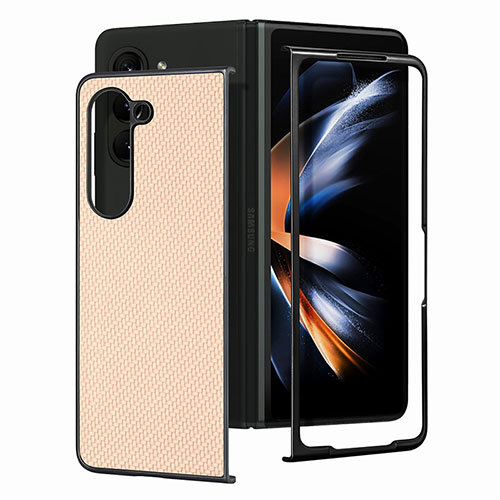 Luxury Leather Matte Finish and Plastic Back Cover Case SD1 for Samsung Galaxy Z Fold5 5G Gold