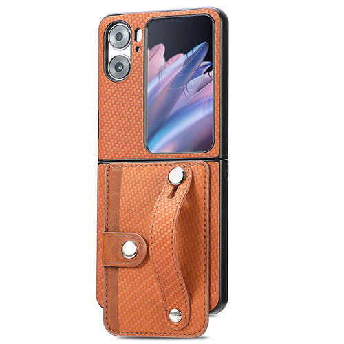 Luxury Leather Matte Finish and Plastic Back Cover Case SD10 for Oppo Find N2 Flip 5G Brown