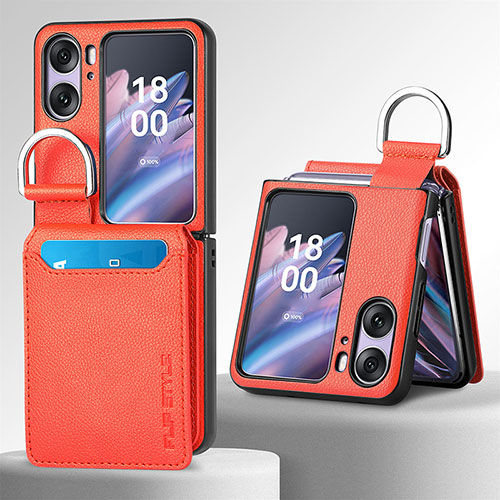 Luxury Leather Matte Finish and Plastic Back Cover Case SD12 for Oppo Find N2 Flip 5G Orange