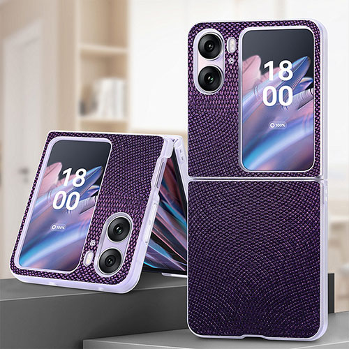 Luxury Leather Matte Finish and Plastic Back Cover Case SD2 for Oppo Find N2 Flip 5G Purple