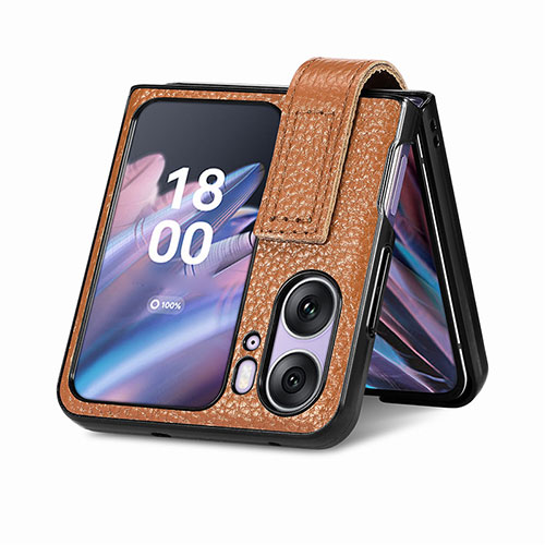 Luxury Leather Matte Finish and Plastic Back Cover Case SD3 for Oppo Find N2 Flip 5G Brown