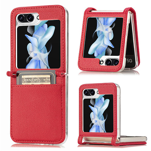 Luxury Leather Matte Finish and Plastic Back Cover Case SD3 for Samsung Galaxy Z Flip5 5G Red