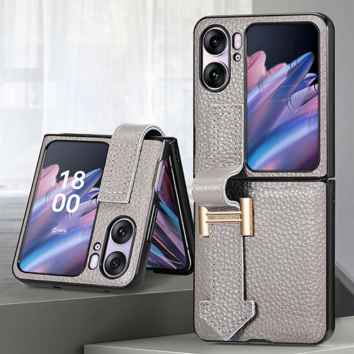 Luxury Leather Matte Finish and Plastic Back Cover Case SD4 for Oppo Find N2 Flip 5G Gray