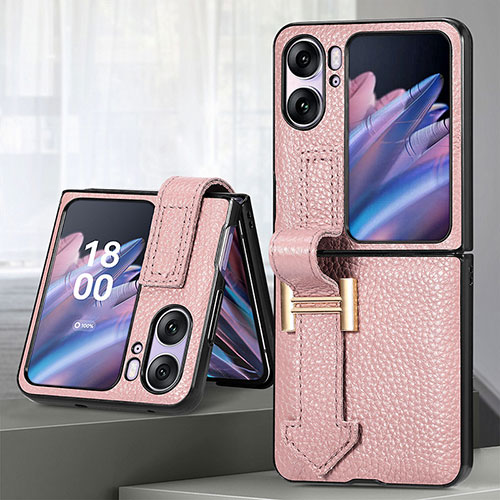 Luxury Leather Matte Finish and Plastic Back Cover Case SD4 for Oppo Find N2 Flip 5G Pink