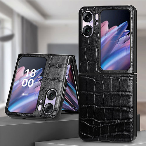 Luxury Leather Matte Finish and Plastic Back Cover Case SD5 for Oppo Find N2 Flip 5G Black