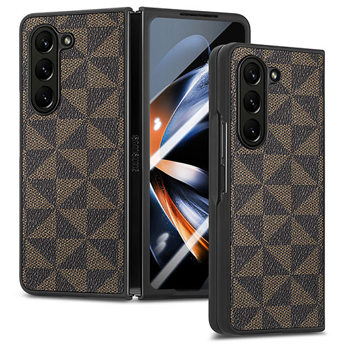 Luxury Leather Matte Finish and Plastic Back Cover Case SD5 for Samsung Galaxy Z Fold5 5G Brown