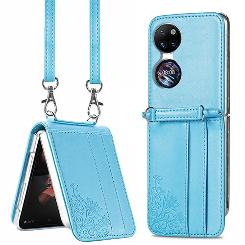 Luxury Leather Matte Finish and Plastic Back Cover Case SD6 for Huawei P50 Pocket Sky Blue