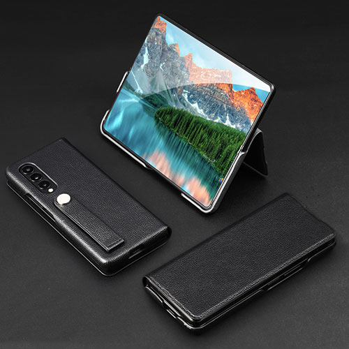 Luxury Leather Matte Finish and Plastic Back Cover Case T02 for Samsung Galaxy Z Fold3 5G Black