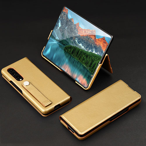 Luxury Leather Matte Finish and Plastic Back Cover Case T02 for Samsung Galaxy Z Fold4 5G Gold