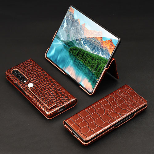 Luxury Leather Matte Finish and Plastic Back Cover Case T03 for Samsung Galaxy Z Fold4 5G Brown