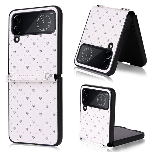 Luxury Leather Matte Finish and Plastic Back Cover Case T06 for Samsung Galaxy Z Flip4 5G Silver