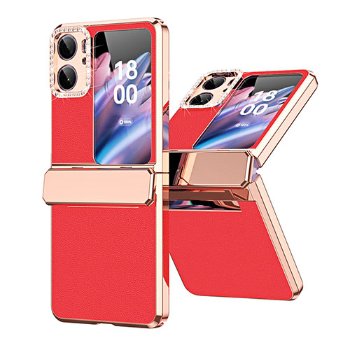 Luxury Leather Matte Finish and Plastic Back Cover Case WZ1 for Oppo Find N2 Flip 5G Red