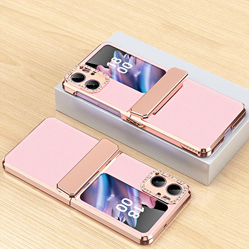 Luxury Leather Matte Finish and Plastic Back Cover Case WZ2 for Oppo Find N2 Flip 5G Rose Gold