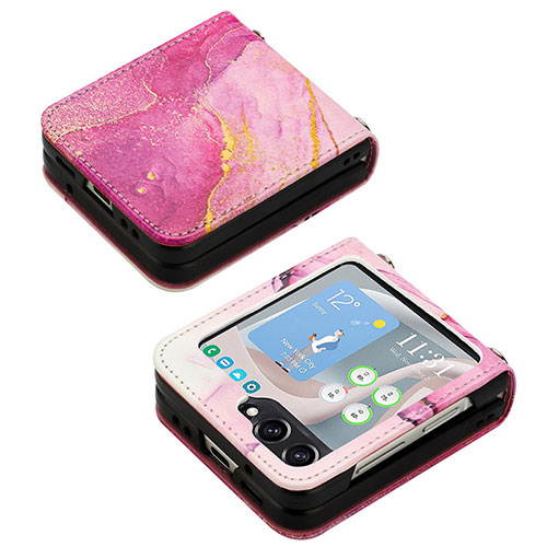 Luxury Leather Matte Finish and Plastic Back Cover Case YB2 for Samsung Galaxy Z Flip5 5G Hot Pink