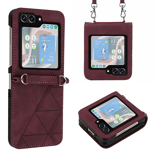 Luxury Leather Matte Finish and Plastic Back Cover Case YB3 for Samsung Galaxy Z Flip5 5G Red