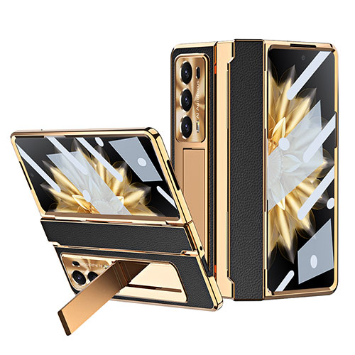 Luxury Leather Matte Finish and Plastic Back Cover Case ZL1 for Huawei Honor Magic V2 5G Gold and Black