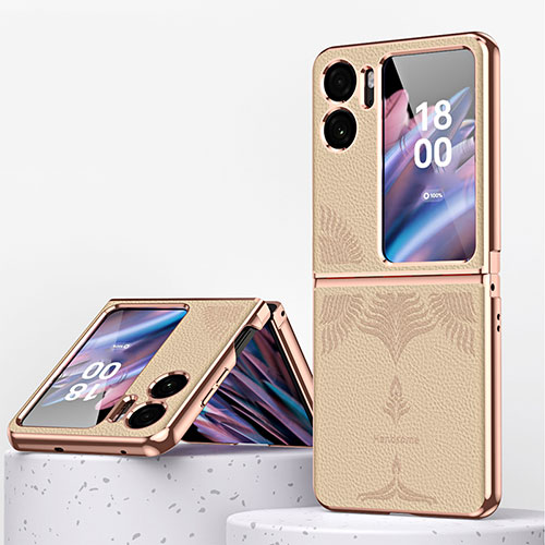 Luxury Leather Matte Finish and Plastic Back Cover Case ZL1 for Oppo Find N2 Flip 5G Gold