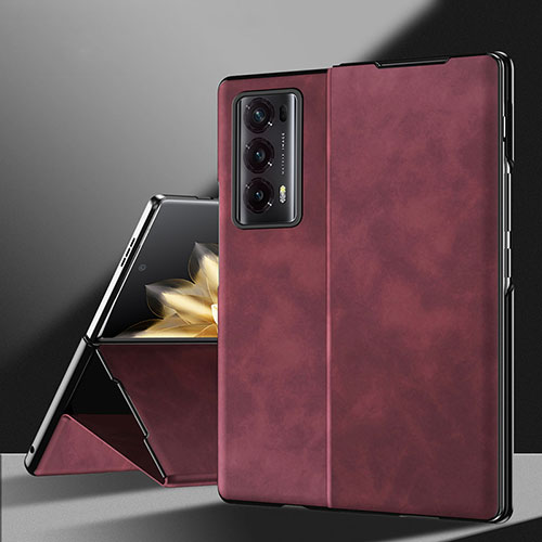 Luxury Leather Matte Finish and Plastic Back Cover Case ZL3 for Huawei Honor Magic V2 Ultimate 5G Red