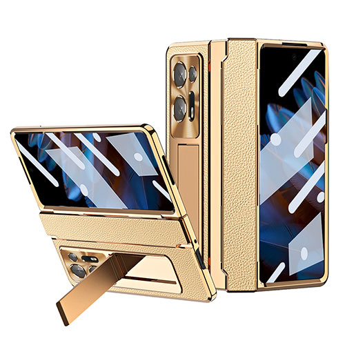 Luxury Leather Matte Finish and Plastic Back Cover Case ZL4 for Oppo Find N2 5G Gold