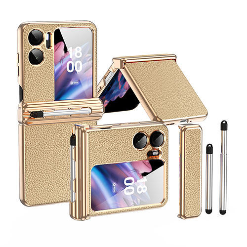 Luxury Leather Matte Finish and Plastic Back Cover Case ZL4 for Oppo Find N2 Flip 5G Gold