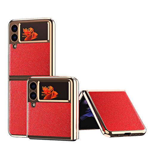 Luxury Leather Matte Finish and Plastic Back Cover Case ZL4 for Samsung Galaxy Z Flip3 5G Red