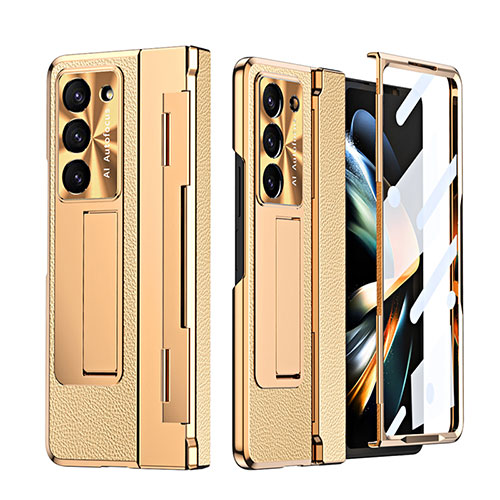 Luxury Leather Matte Finish and Plastic Back Cover Case ZL4 for Samsung Galaxy Z Fold5 5G Gold