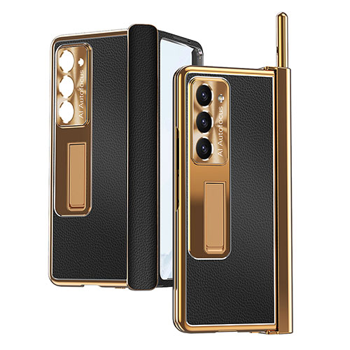 Luxury Leather Matte Finish and Plastic Back Cover Case ZL4 for Samsung Galaxy Z Fold5 5G Gold and Black