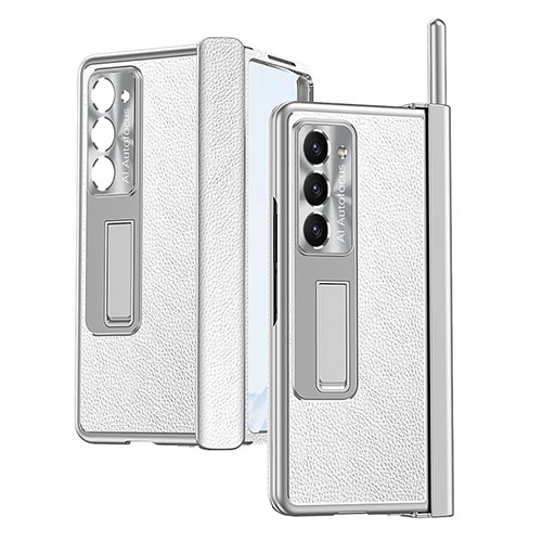 Luxury Leather Matte Finish and Plastic Back Cover Case ZL4 for Samsung Galaxy Z Fold5 5G Silver