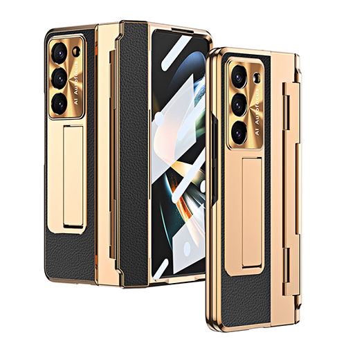 Luxury Leather Matte Finish and Plastic Back Cover Case ZL5 for Samsung Galaxy Z Fold5 5G Gold and Black