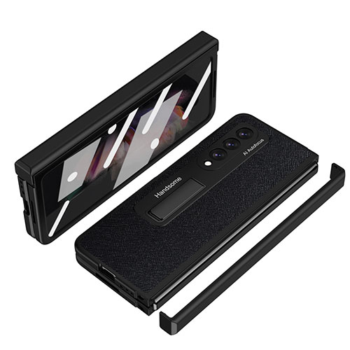 Luxury Leather Matte Finish and Plastic Back Cover Case ZL7 for Samsung Galaxy Z Fold3 5G Black