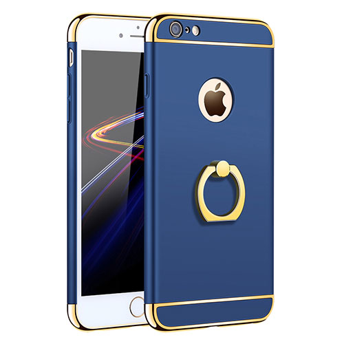 Luxury Metal Frame and Plastic Back Case with Finger Ring Stand for Apple iPhone 6 Plus Blue