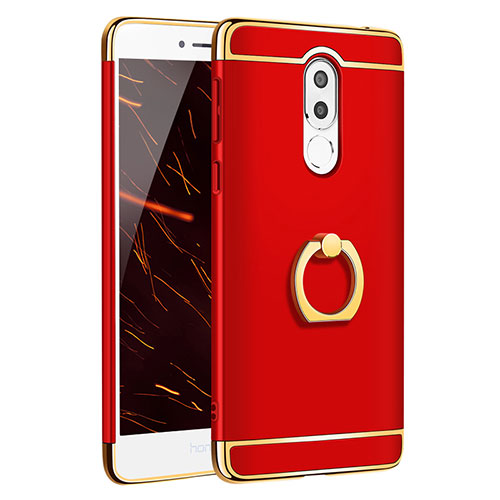 Luxury Metal Frame and Plastic Back Case with Finger Ring Stand for Huawei Honor 6X Pro Red