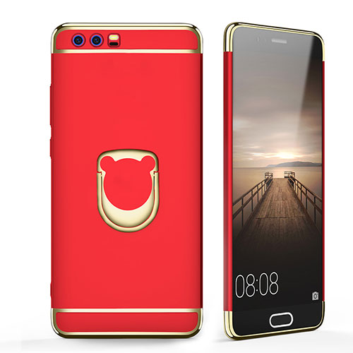 Luxury Metal Frame and Plastic Back Case with Finger Ring Stand for Huawei Honor 9 Premium Red