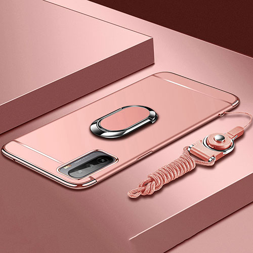 Luxury Metal Frame and Plastic Back Cover Case with Finger Ring Stand A01 for Huawei Mate 40 Lite 5G Rose Gold