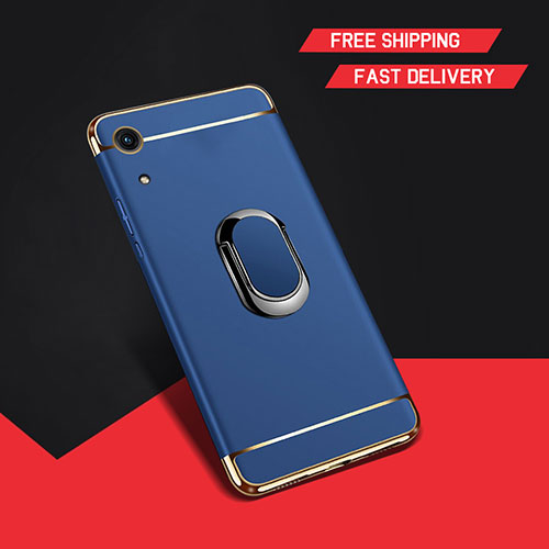 Luxury Metal Frame and Plastic Back Cover Case with Finger Ring Stand A01 for Huawei Y6 Prime (2019) Blue