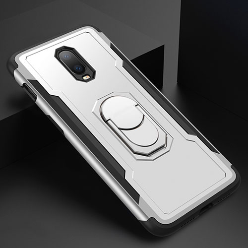 Luxury Metal Frame and Plastic Back Cover Case with Finger Ring Stand A01 for OnePlus 6T Silver